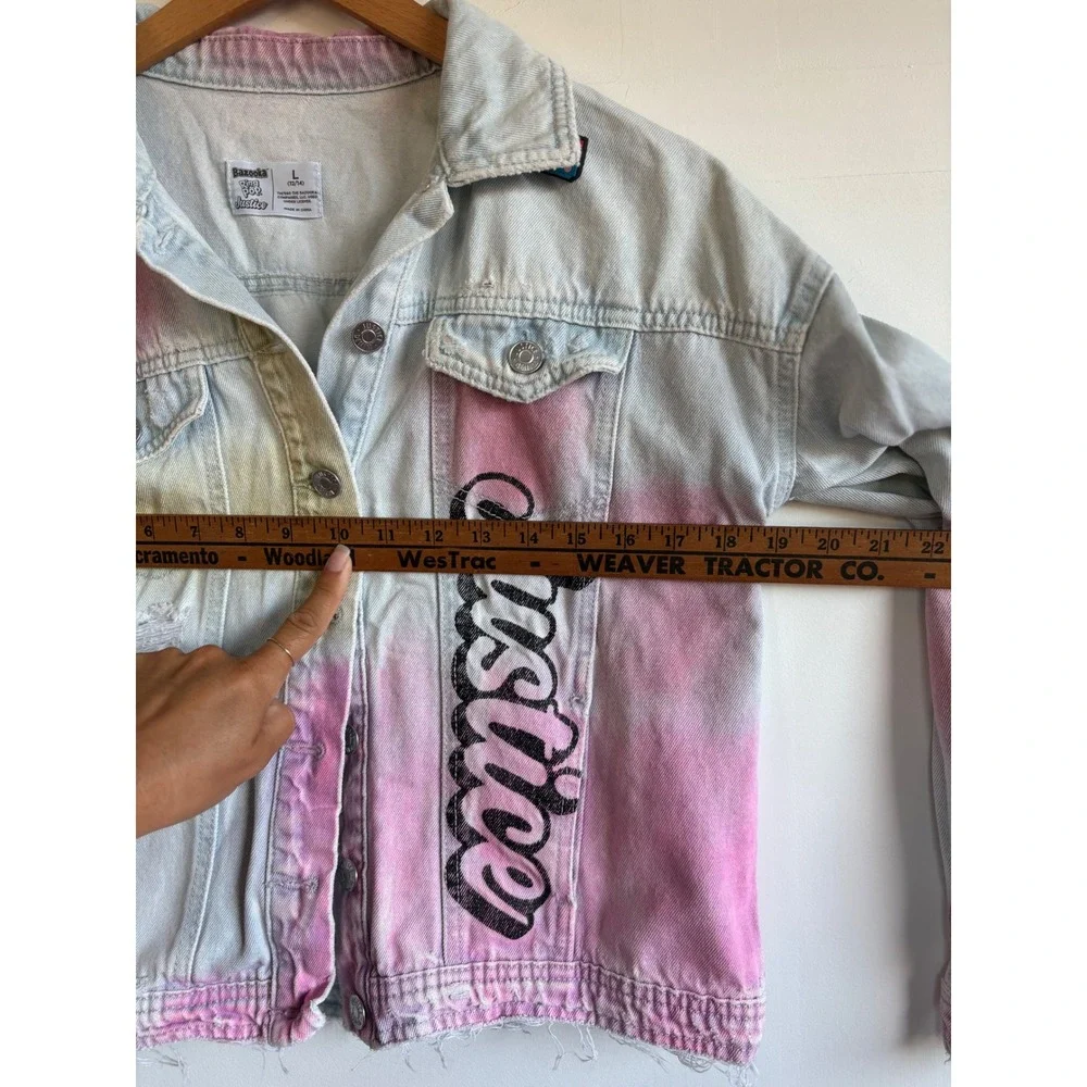 Justice Girls Denim Jacket Bazooka Ring Pop Tie Dye Graphic Distressed L 12/14